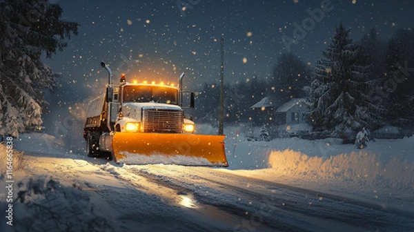Fototapeta "White snowplow truck with orange lights and a yellow plow blade clearing snow from residential roads while snowflakes continue to fall."






