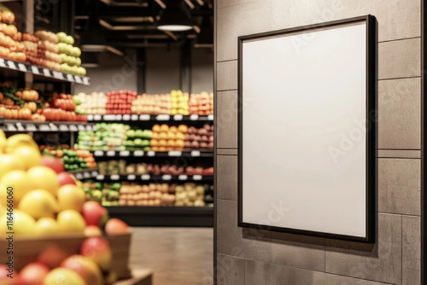 Fototapeta  A blank white A3 poster hanging on the wall of a grocery food store, with fruit on the shelves in the background, photo-realistic, cinematic lighting, hyper-detailed, supermarket