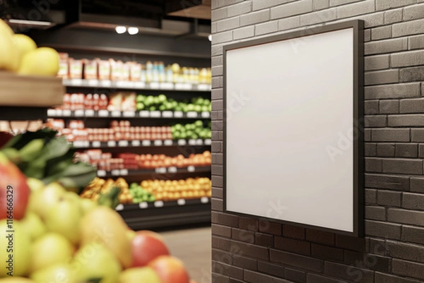 Fototapeta  A blank white A3 poster hanging on the wall of a grocery food store, with fruit on the shelves in the background, photo-realistic, cinematic lighting, hyper-detailed, supermarket