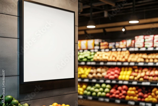 Obraz  A blank white A3 poster hanging on the wall of a grocery food store, with fruit on the shelves in the background, photo-realistic, cinematic lighting, hyper-detailed, supermarket