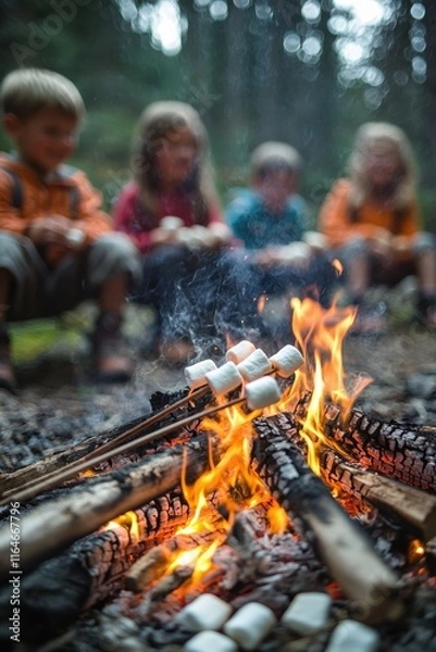 Obraz Group of children roasting marshmallows over a campfire in the woods during evening gathering