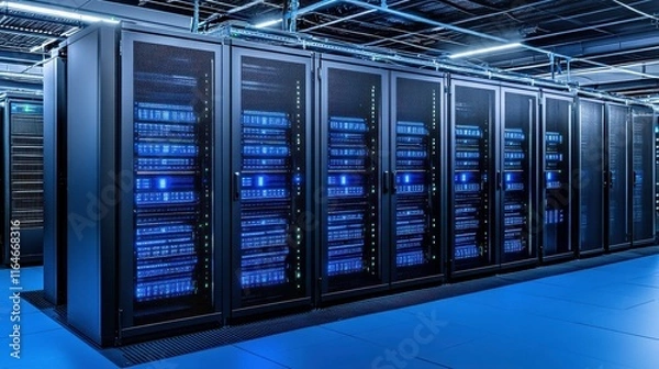 Obraz High-Tech Server Room with LED Indicators in Low Light