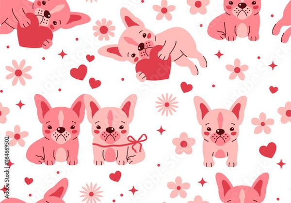 Obraz Seamless pattern for Valentine's day greeting card with French bulldog puppy. Cute design. Vector illustration. Dog. Funny french bulldog puppy. Cute background texture