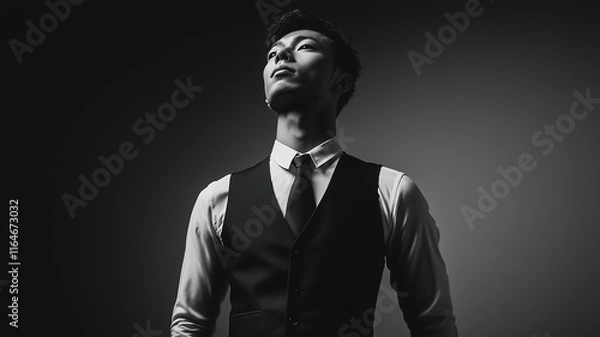 Fototapeta シンプル背景でベスト姿が映える花婿のスタジオポートレート