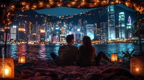 Fototapeta Friends enjoy a candlelit rooftop gathering at twilight, bathed in the city lights and surrounded by the sounds of urban activity