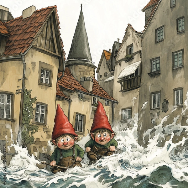 Obraz Fairytale gnomes in red cloaks make their way along the river. Than in the fairytale city. Wroclaw gnomes during the flood