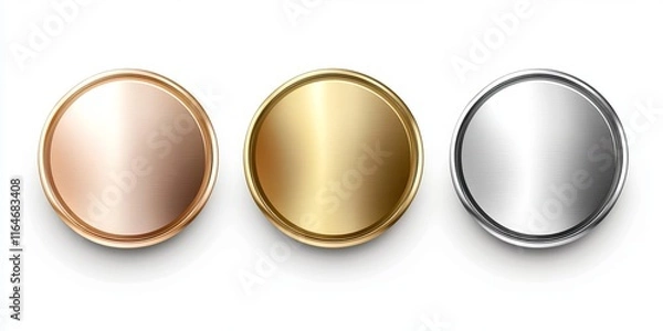 Fototapeta Realistic 3D gold silver and bronze circular frames First second and thirdplace medals or buttons on a black background Certified quality blank badge set