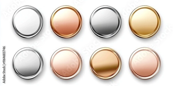 Fototapeta Set of metallic chrome circle buttons in rose gold bronze silver steel holographic and gold Shiny foil design elements for web apps and backgrounds