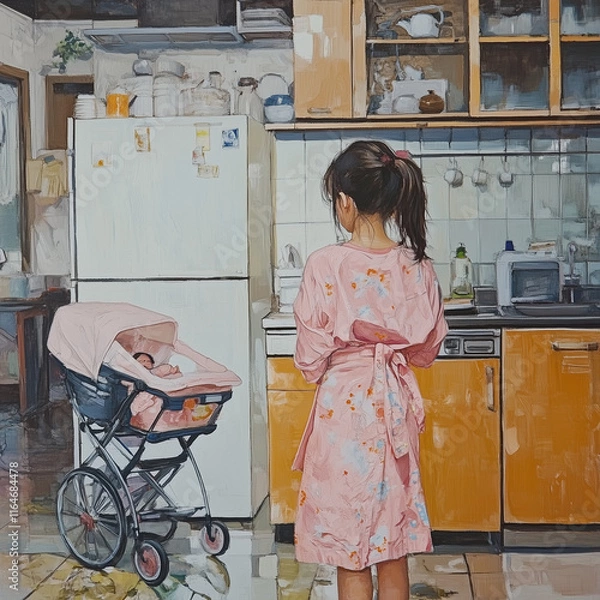 Obraz Young woman in pink kimono standing in dirty kitchen looking at baby stroller