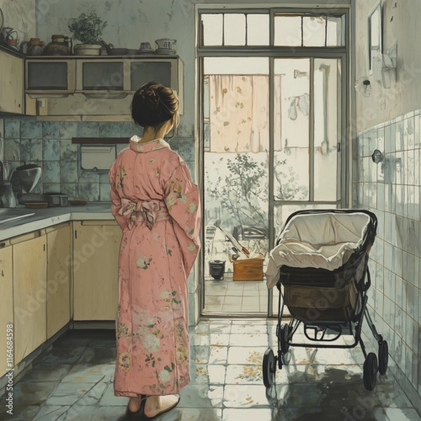 Obraz Young woman in pink kimono standing in dirty kitchen with baby stroller and looking out window
