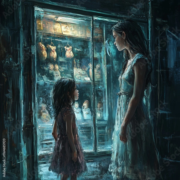 Obraz A tired mother and daughter stand in torn clothes in front of a toy store and look at the display window