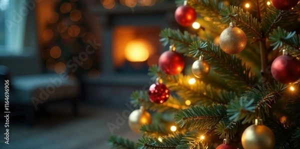 Obraz Soft focus Christmas tree with shimmering golden light effect , holiday, winter, focus