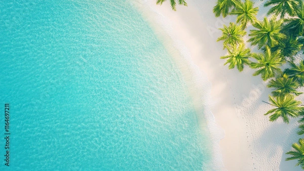 Fototapeta Relaxing tropical beach with palm trees and clear turquoise water on sunny day
