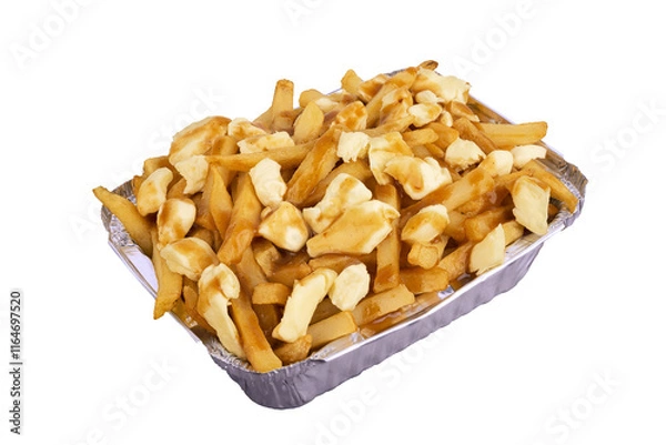 Obraz Poutine in a takeout container. Cooked with french fries, beef gravy and curd cheese. Canadian cuisine. Isolated on white background and cut out.
