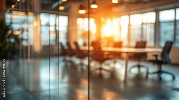 Fototapeta A modern office interior showcases glass walls and a blurred view of a professional workspace, featuring sleek conference tables and ergonomic chairs in a well-lit environment.