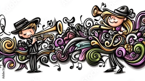 Obraz Cartoon musicians playing trumpet and trombone amidst colorful swirls and musical notes.