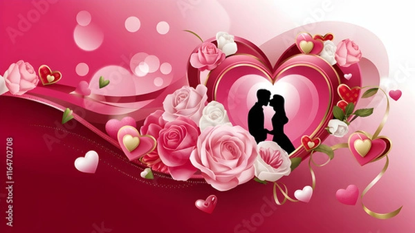 Fototapeta Valentine's Day background with roses, hearts, and ribbons. Lovely and elegant atmosphere in pink tones. Write letters in the space and use it as letter paper or card.