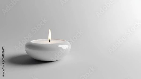 Fototapeta Single white candle burning on plain background.