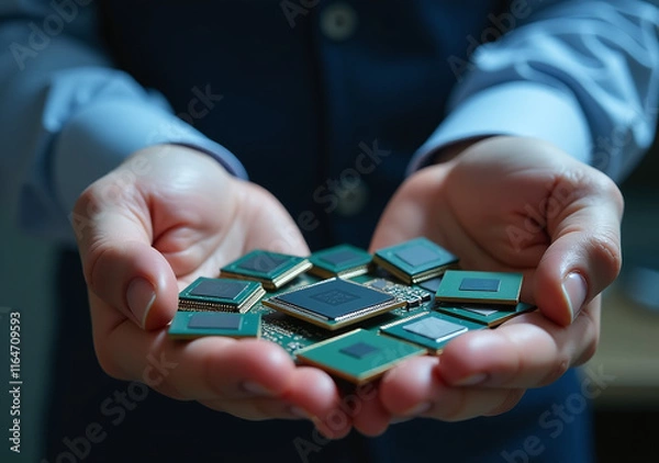 Obraz man holds many chips cropped image engineering concepts chip development related services displayed