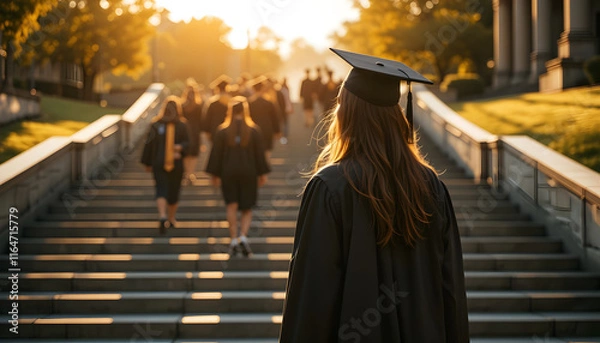 Obraz Graduating Student Ascending University Steps at Sunset