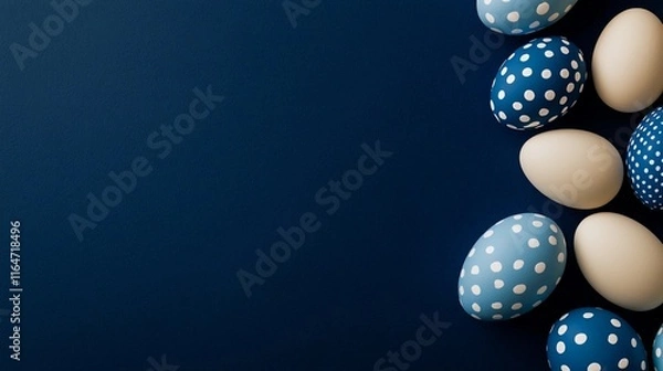 Fototapeta Delicate arrangement of blue and white Easter eggs on a deep navy background captures the essence of spring festivities