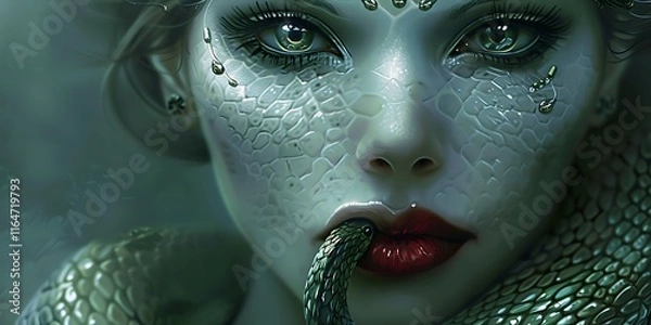 Fototapeta Enigmatic Snake Woman with Forked Tongue and Scales on Her Lips, Merging Human and Serpent Traits in a Mysterious and Powerful Transformation