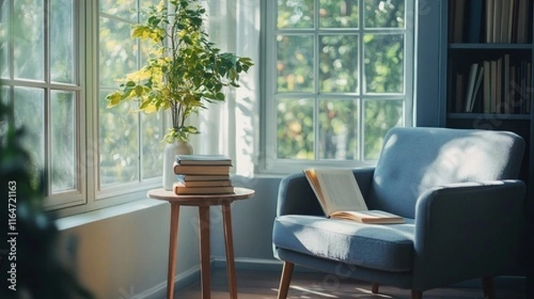 Obraz A serene reading corner with a plush chair, a small side table, and a stack of books next to a large window.