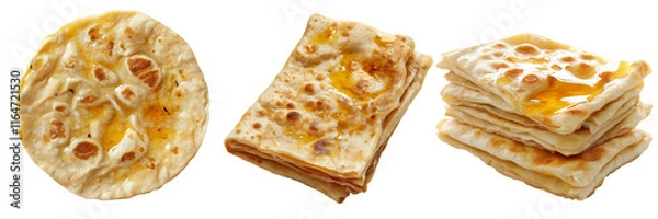 Fototapeta A Moroccan msemen flatbread, flaky and crispy, drizzled with honey and butter, isolated on a transparent background