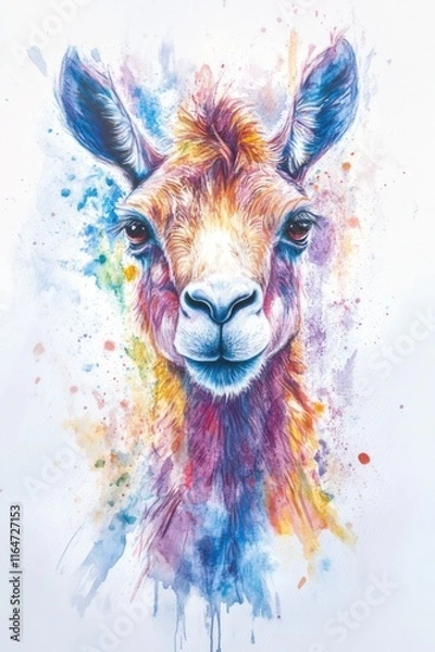 Fototapeta This captivating watercolor image showcases a goat's gentle face, surrounded by a vivid explosion of colors that express its curious nature and playful spirit.
