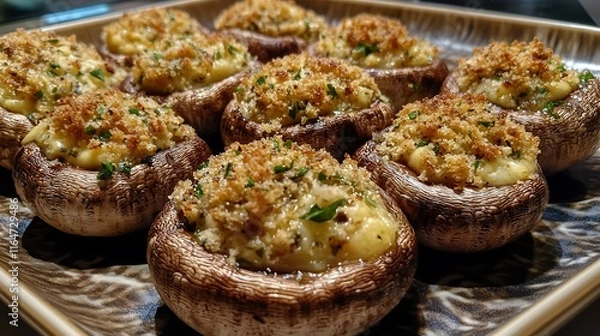 Fototapeta A delicious plate of baked potatoes with rosemary and herbs served with cheese, meat, and bread for a tasty homemade meal