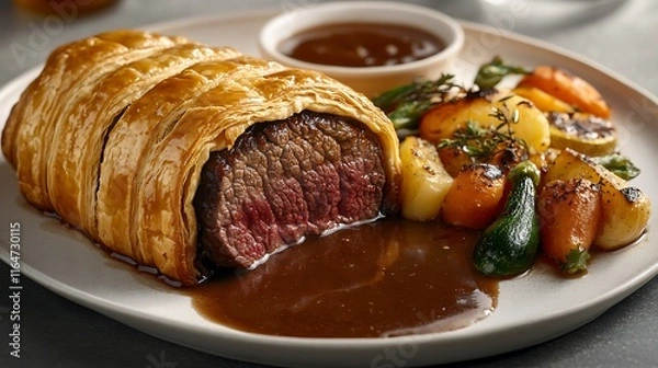 Fototapeta A delicious meal with roast pork, beef, potatoes, and bread served on a white plate, featuring gourmet dishes, salad, and cheese, perfect for breakfast, lunch, or dinner