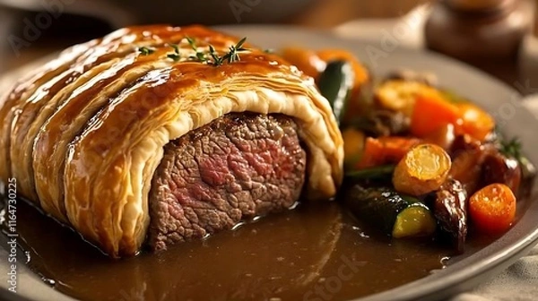 Fototapeta A delicious meal with roast pork, beef, potatoes, and bread served on a white plate, featuring gourmet dishes, salad, and cheese, perfect for breakfast, lunch, or dinner