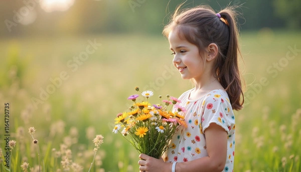 Fototapeta Girl smiling while holding a bouquet of flowers in a field
