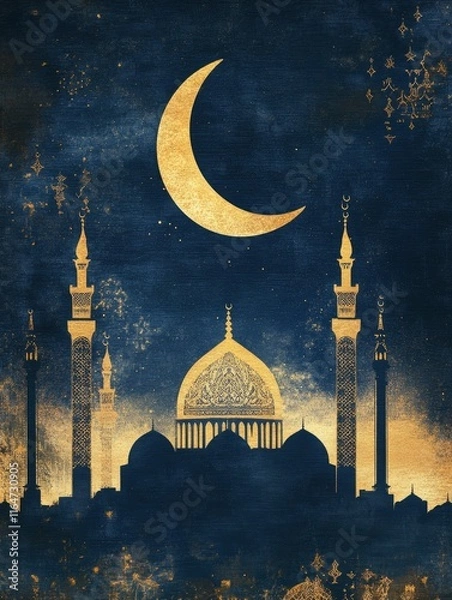 Obraz Craft a minimalist, modern Ramadan poster background featuring a sleek silhouette of a mosque, gently illuminated by a golden crescent moon. The sky is a deep midnight blue.
