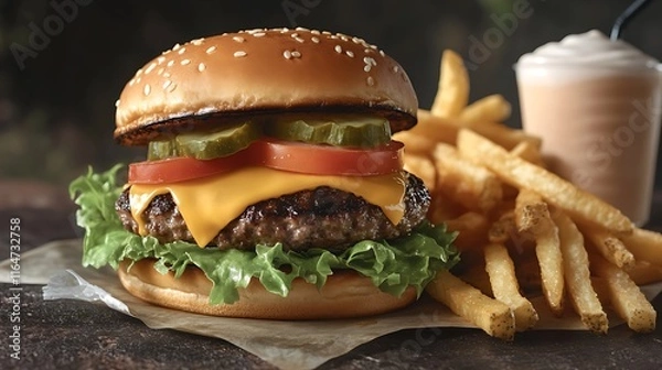 Fototapeta A delicious cheeseburger with fries served on a sesame bun with lettuce, tomato, onion, bacon, and grilled beef, isolated on a white background, perfect for a fast food meal