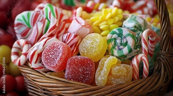 Fototapeta Colorful candy canes and sweets in a basket for celebration and holidays