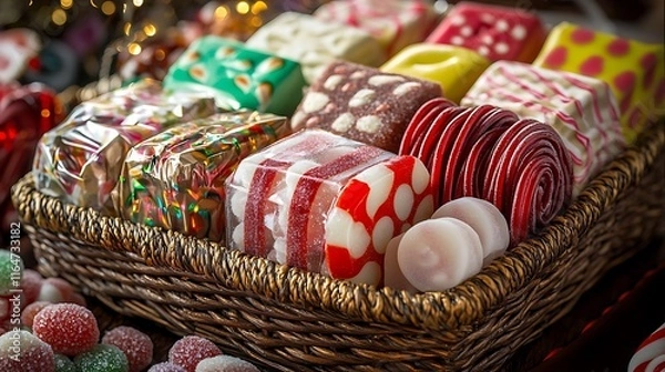 Fototapeta Colorful candy canes and sweets in a basket for celebration and holidays
