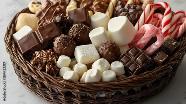 Fototapeta Delicious Christmas cookies with chocolate, candy cane, and festive treats on a plate