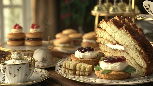 Fototapeta Beautiful cake with nuts and raisins, chocolate cookies, and a festive meal with various dishes served at a celebration or banquet
