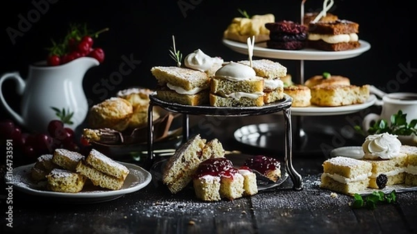 Fototapeta Beautiful cake with nuts and raisins, chocolate cookies, and a festive meal with various dishes served at a celebration or banquet