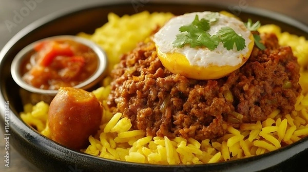 Fototapeta A delicious plate of rice with chicken, pork, vegetables, and a spicy sauce, perfect for a gourmet lunch or dinner