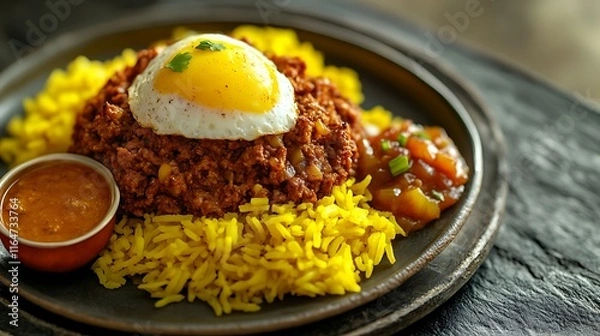Fototapeta A delicious plate of rice with chicken, pork, vegetables, and a spicy sauce, perfect for a gourmet lunch or dinner