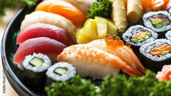 Fototapeta Salmon sushi with wasabi and fresh vegetables on a plate