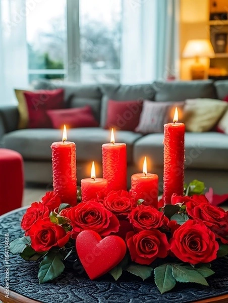Fototapeta Valentine's day setup with beautiful red roses and red candles