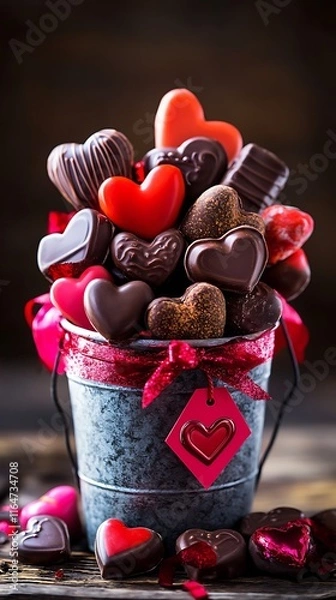 Fototapeta A box of heart-shaped chocolates with a red ribbon, perfect for a sweet gift or celebration