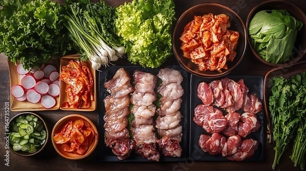 Fototapeta Fresh vegetables and grilled meats on a plate for a healthy and delicious meal