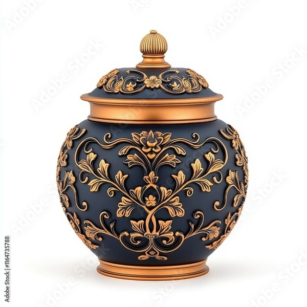 Fototapeta An ornate decorative urn featuring intricate floral patterns in gold on a deep blue background, symbolizing elegance and tradition.