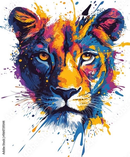 Obraz Colorful splash art of a lion face, isolated on white background