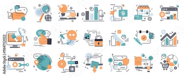 Fototapeta Vector illustration set business concept, digital marketing, data analysis, security, communication. 