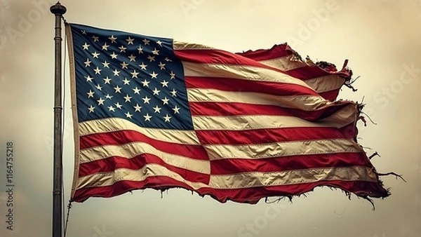 Fototapeta A Worn American Flag, Majestically billowing in the wind, its tattered edges tell a story of endurance and resilience.